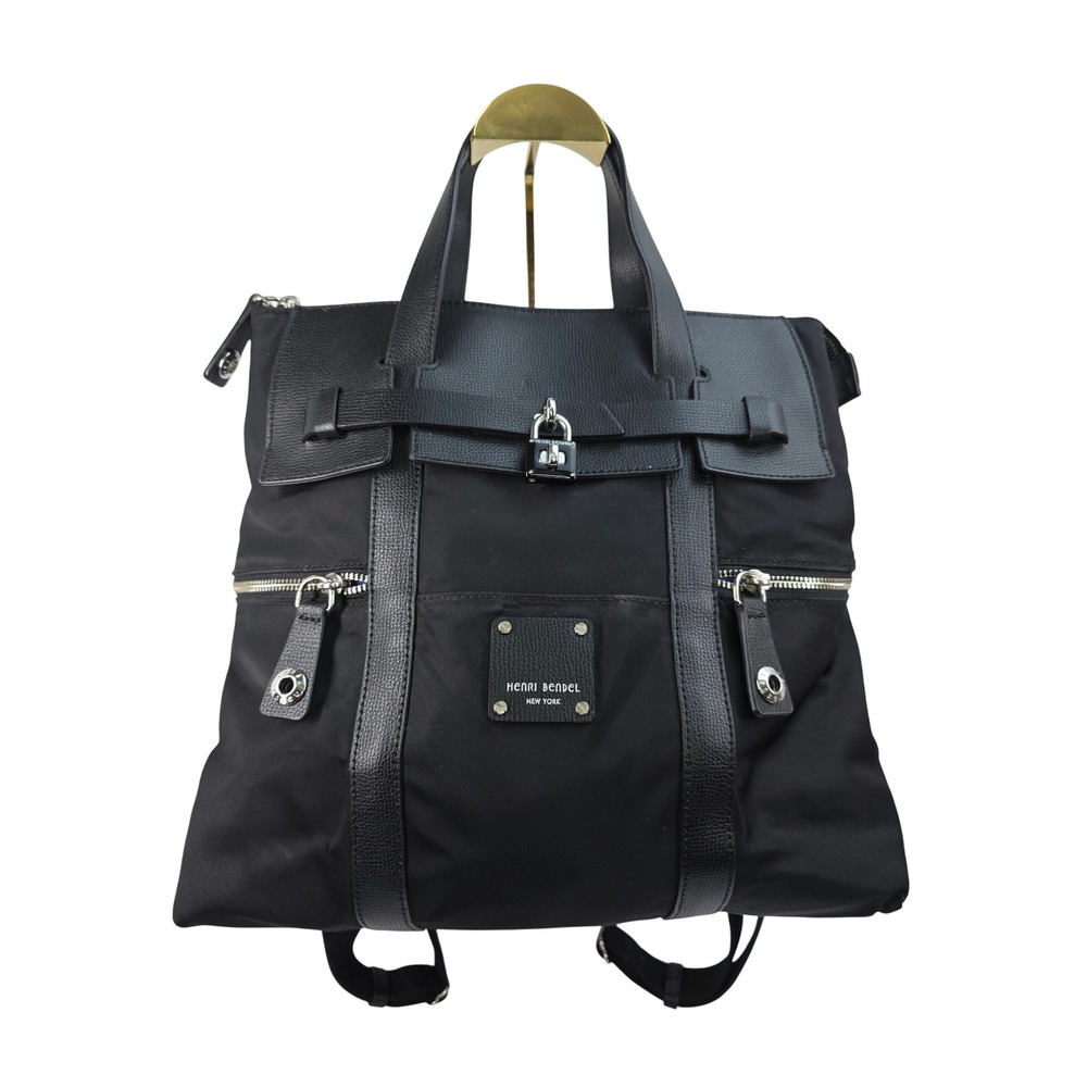 Henri Bendel Jetsetter Black Nylon Convertible Backpack Tote Bag Silver Lock